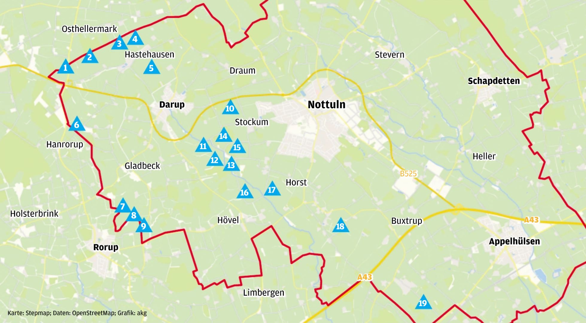 Diese Grafik zeigt die Standorte für die Errichtung neuer Windenergieanlagen in Nottuln.
